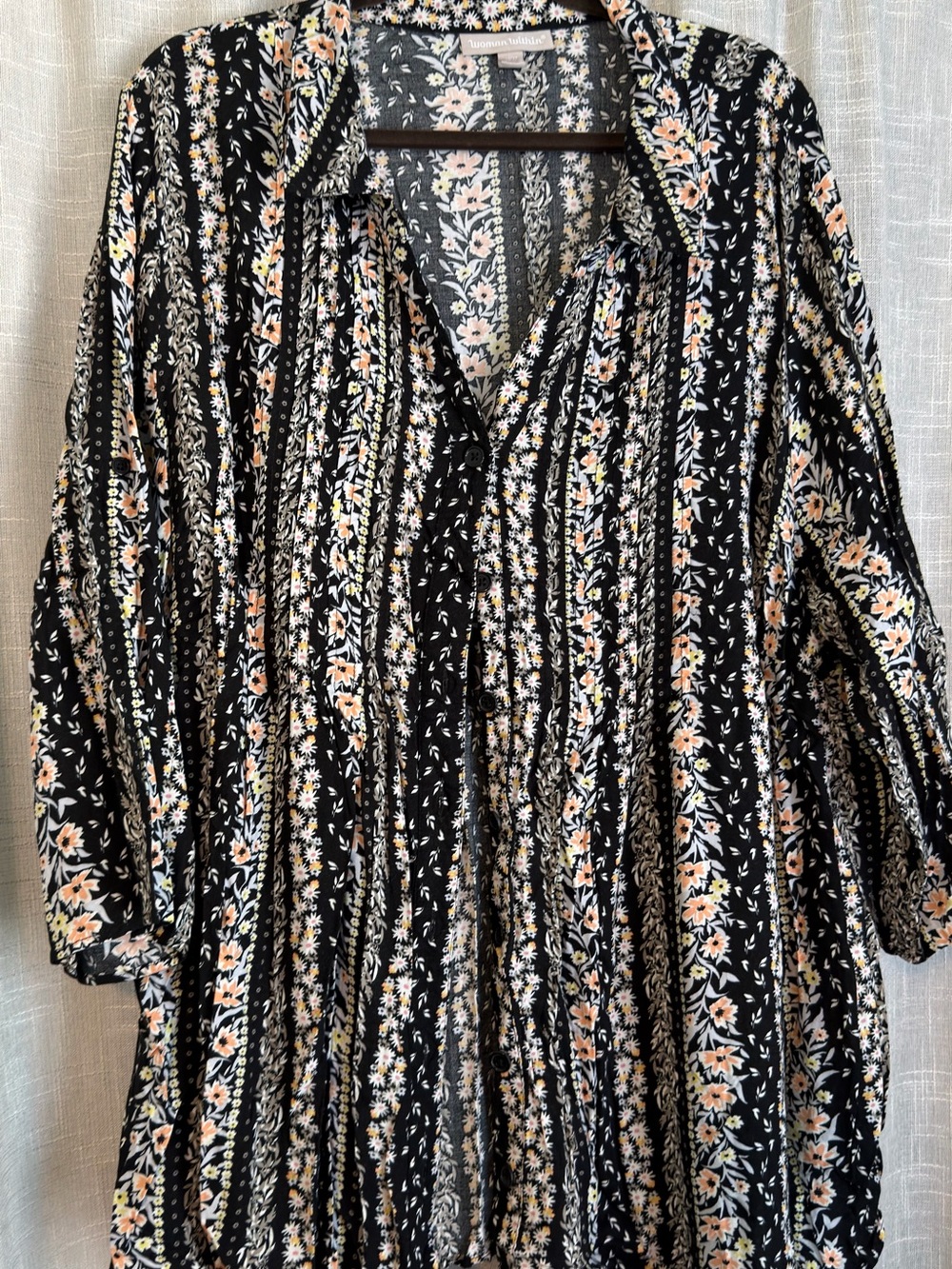 Woman Within Black Floral Daisy Print Top with White and Yellow Accents